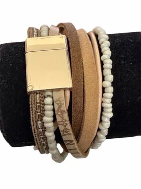 Victoria Emerson Gold-Tone Multi-Strand Beige & Cream Wrap Bracelet